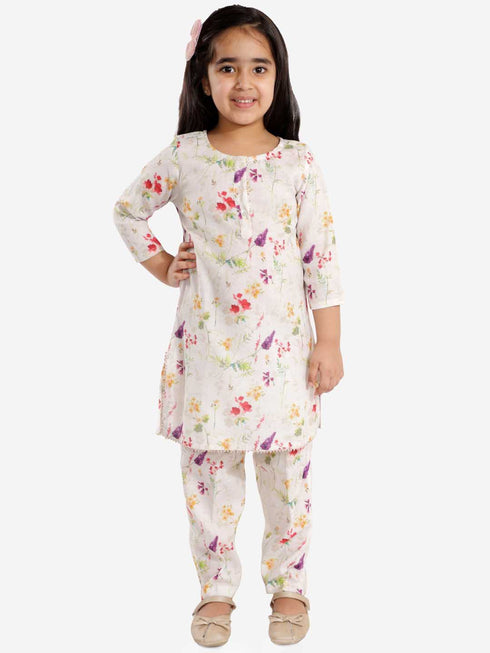 Vastramay Girls' Multicolor-Base Cream Kurta Pant set